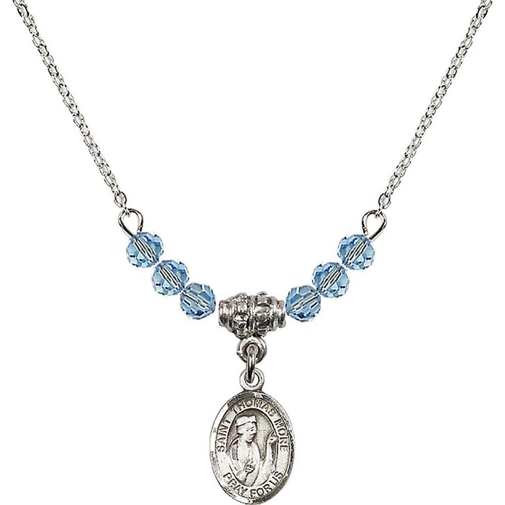 Sterling Silver Saint Thomas More Birthstone Necklace with Aqua Beads - 9109