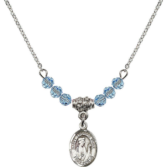 Sterling Silver Saint Thomas More Birthstone Necklace with Aqua Beads - 9109