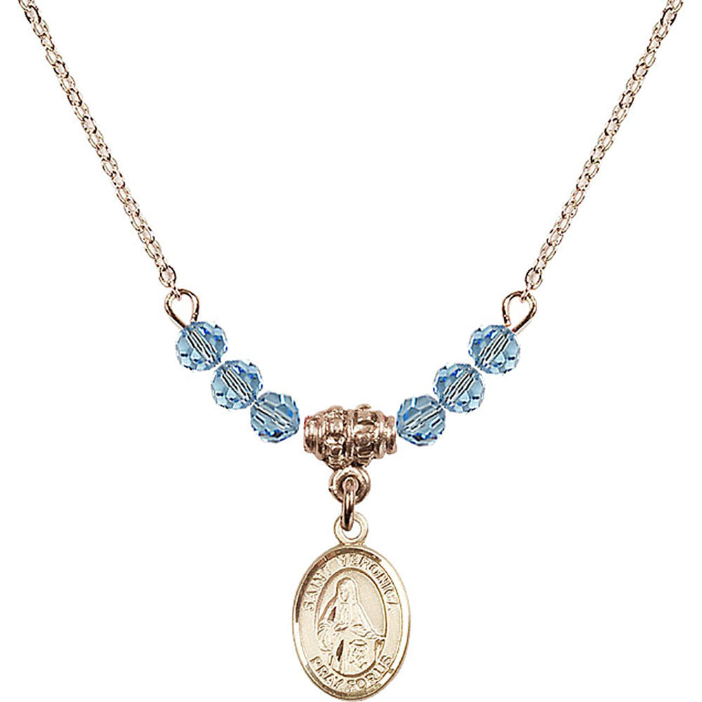 14kt Gold Filled Saint Veronica Birthstone Necklace with Aqua Beads - 9110