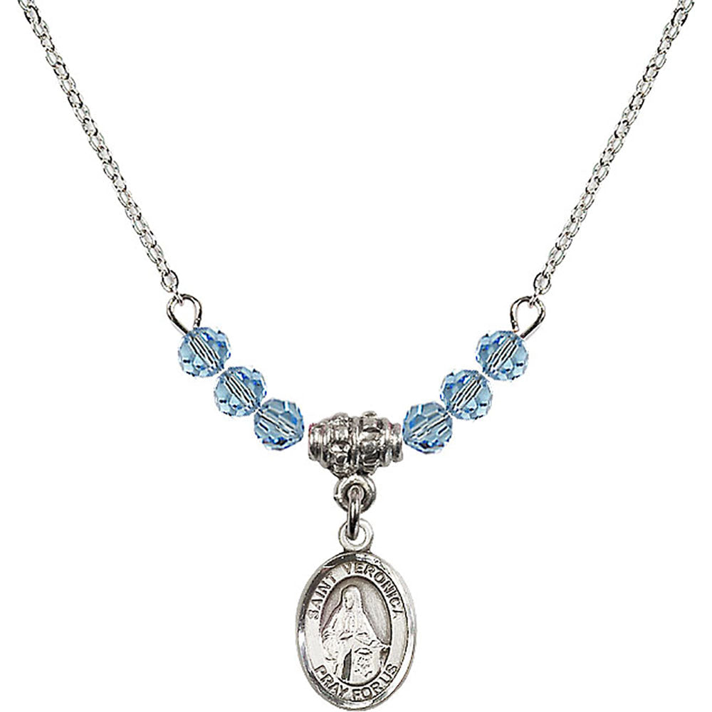 Sterling Silver Saint Veronica Birthstone Necklace with Aqua Beads - 9110