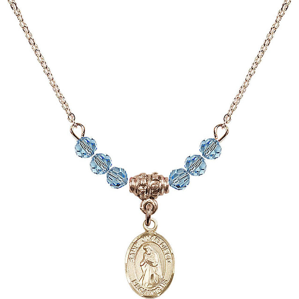 14kt Gold Filled Saint Juan Diego Birthstone Necklace with Aqua Beads - 9111