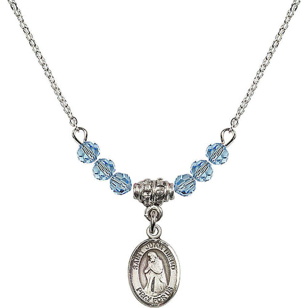 Sterling Silver Saint Juan Diego Birthstone Necklace with Aqua Beads - 9111