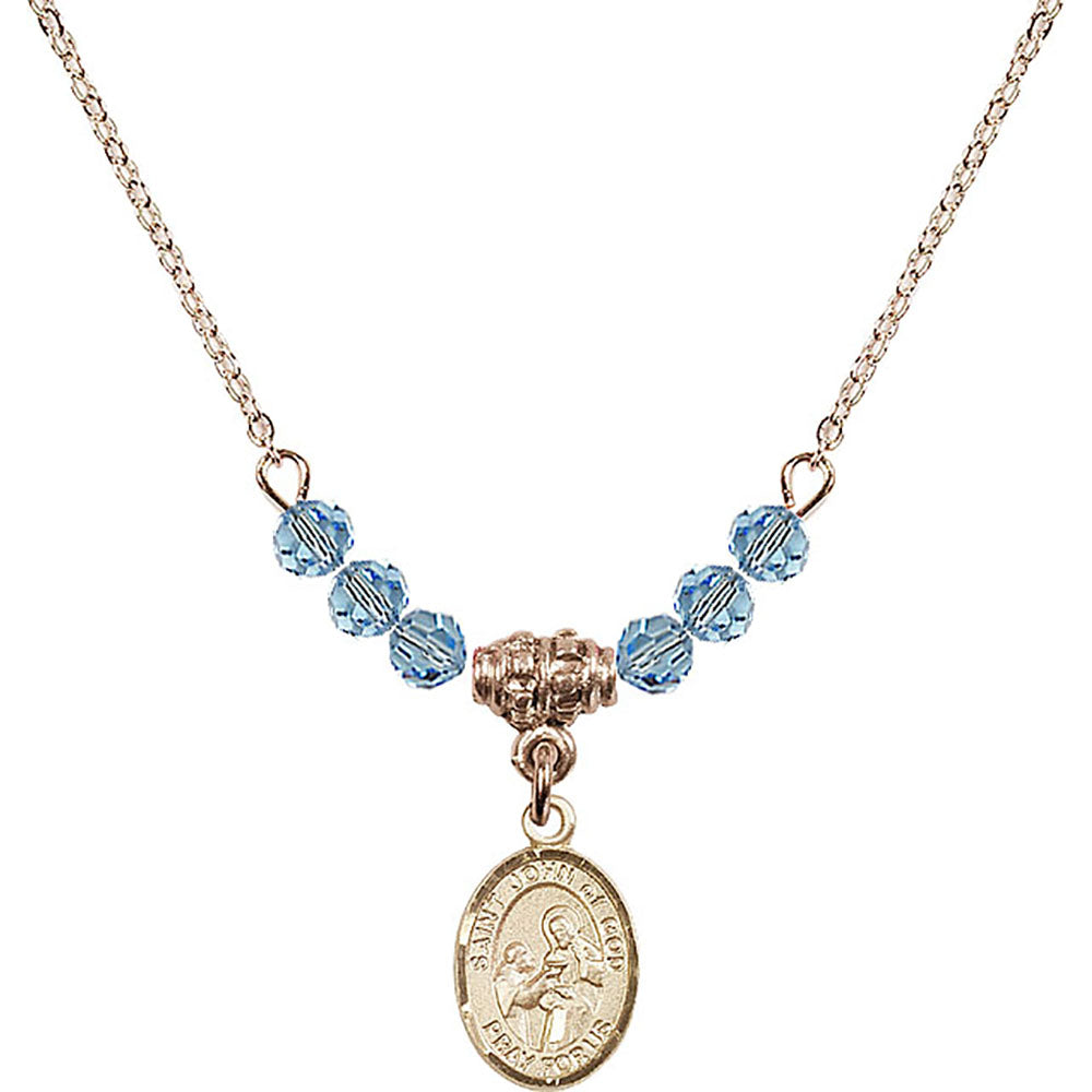 14kt Gold Filled Saint John of God Birthstone Necklace with Aqua Beads - 9112