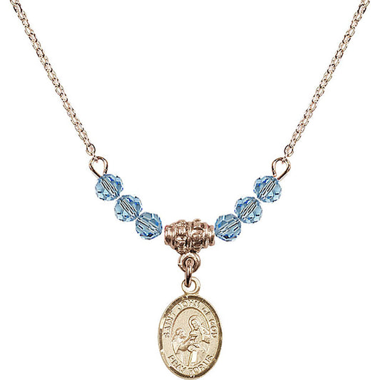 14kt Gold Filled Saint John of God Birthstone Necklace with Aqua Beads - 9112