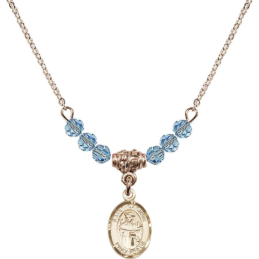 14kt Gold Filled Saint Casimir of Poland Birthstone Necklace with Aqua Beads - 9113