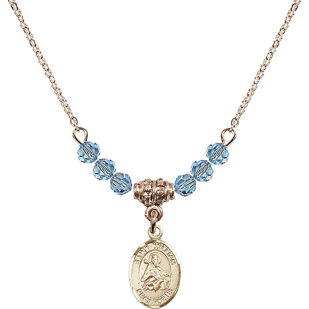 14kt Gold Filled Saint William of Rochester Birthstone Necklace with Aqua Beads - 9114