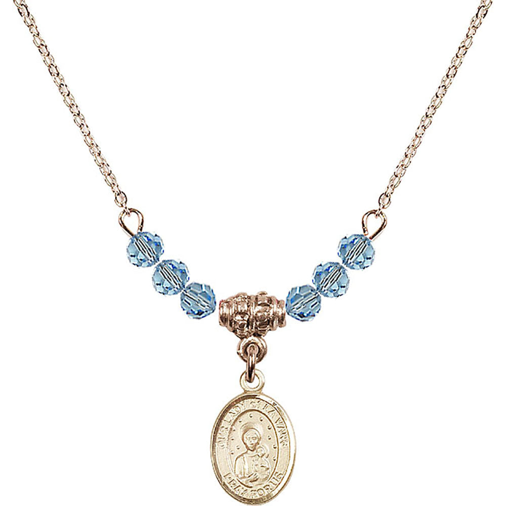 14kt Gold Filled Our Lady of la Vang Birthstone Necklace with Aqua Beads - 9115