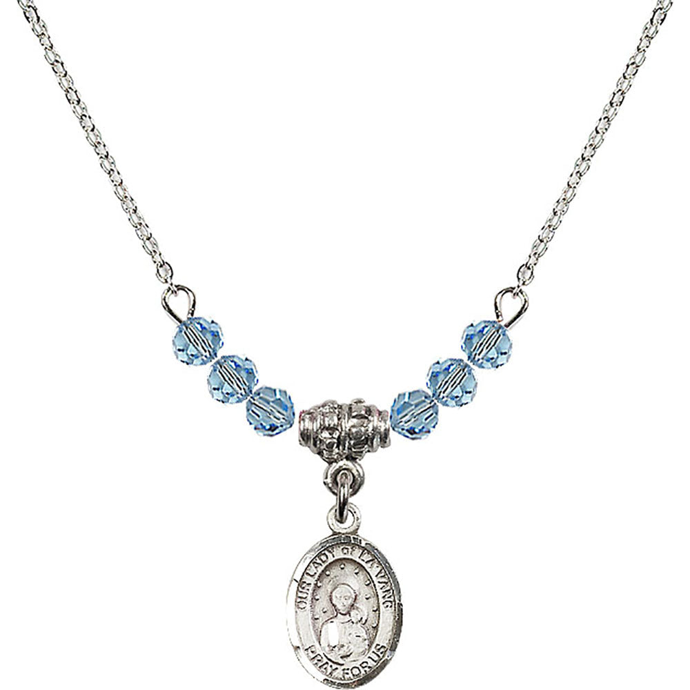 Sterling Silver Our Lady of la Vang Birthstone Necklace with Aqua Beads - 9115