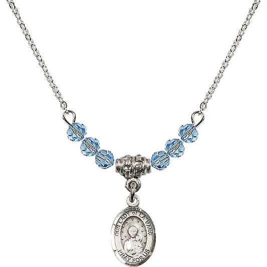 Sterling Silver Our Lady of la Vang Birthstone Necklace with Aqua Beads - 9115