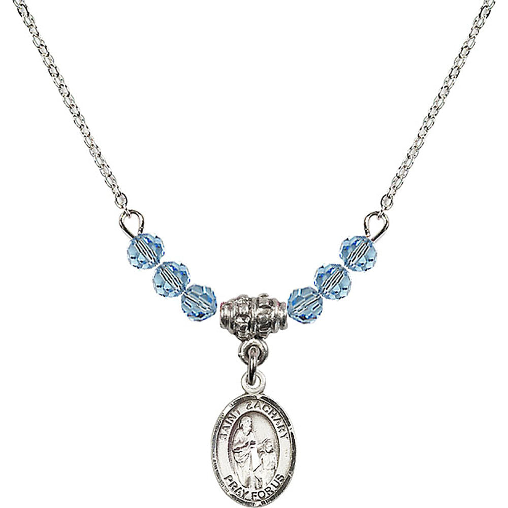 Sterling Silver Saint Zachary Birthstone Necklace with Aqua Beads - 9116