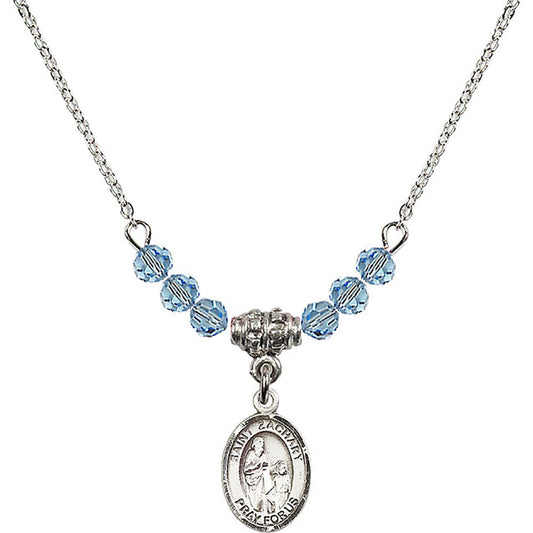 Sterling Silver Saint Zachary Birthstone Necklace with Aqua Beads - 9116