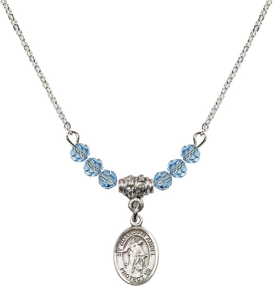 Sterling Silver Guardian Angel w/Child Birthstone Necklace with Aqua Beads - 9118