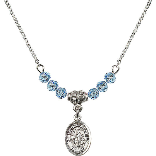 Sterling Silver Lord Is My Shepherd Birthstone Necklace with Aqua Beads - 9119