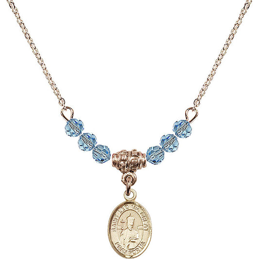 14kt Gold Filled Saint Leo the Great Birthstone Necklace with Aqua Beads - 9120