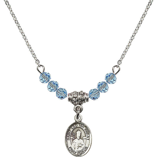 Sterling Silver Saint Leo the Great Birthstone Necklace with Aqua Beads - 9120