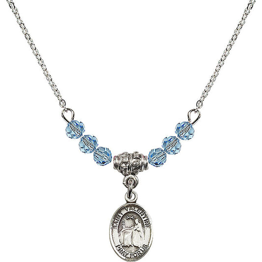 Sterling Silver Saint Valentine of Rome Birthstone Necklace with Aqua Beads - 9121