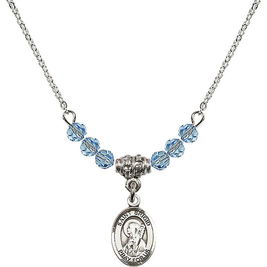 Sterling Silver Saint Brigid of Ireland Birthstone Necklace with Aqua Beads - 9123