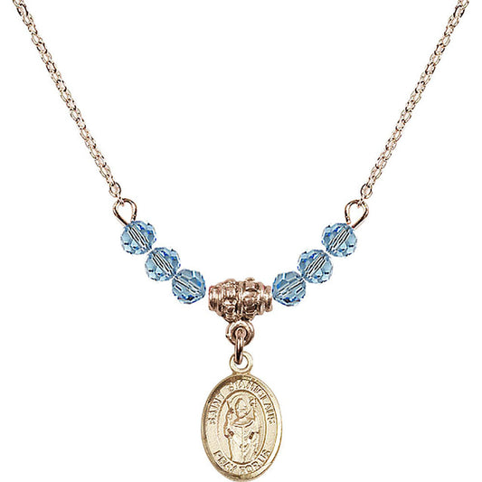 14kt Gold Filled Saint Stanislaus Birthstone Necklace with Aqua Beads - 9124