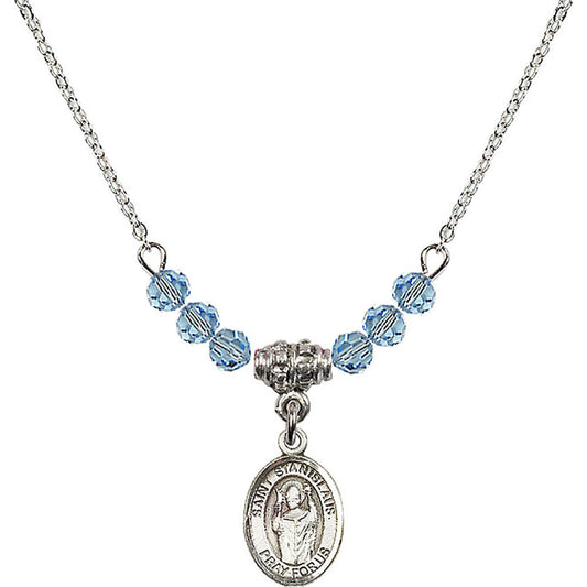 Sterling Silver Saint Stanislaus Birthstone Necklace with Aqua Beads - 9124