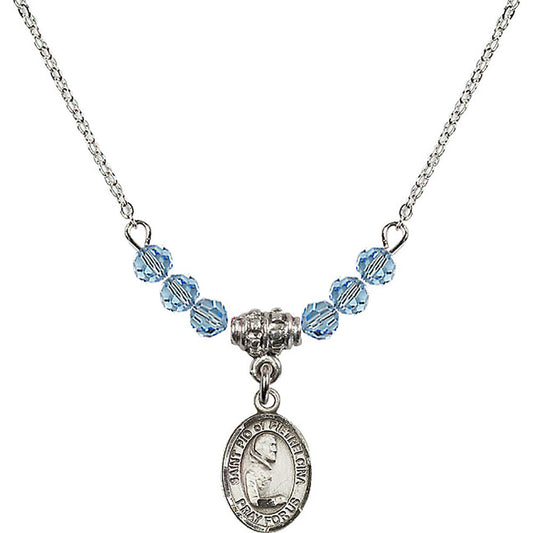 Sterling Silver Saint Pio of Pietrelcina Birthstone Necklace with Aqua Beads - 9125