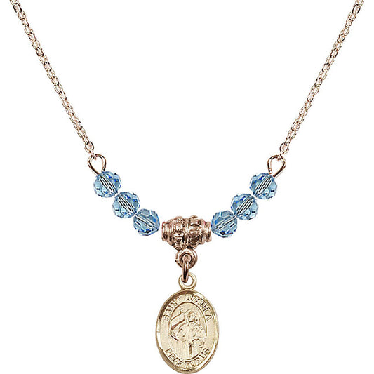 14kt Gold Filled Saint Ursula Birthstone Necklace with Aqua Beads - 9127