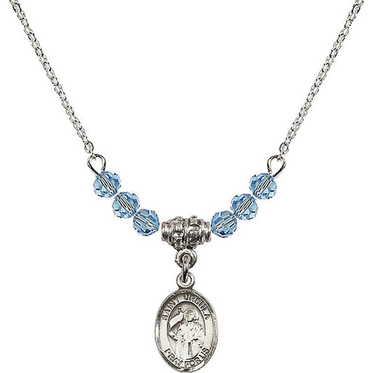 Sterling Silver Saint Ursula Birthstone Necklace with Aqua Beads - 9127
