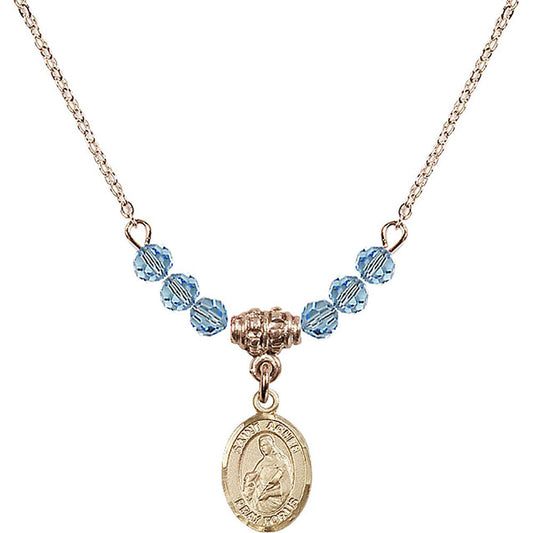 14kt Gold Filled Saint Agnes of Rome Birthstone Necklace with Aqua Beads - 9128