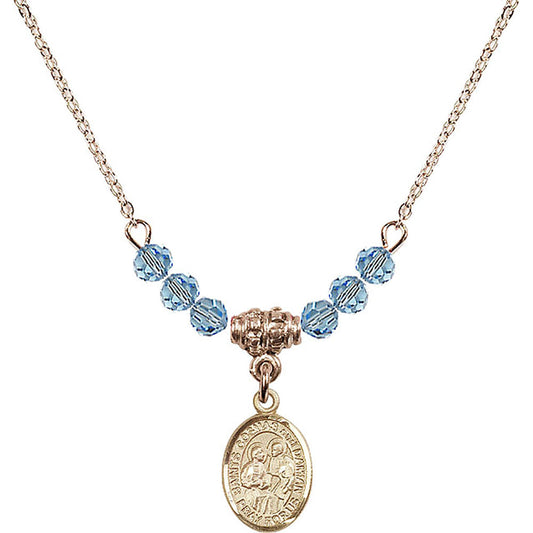 14kt Gold Filled Saints Cosmas & Damian Birthstone Necklace with Aqua Beads - 9132