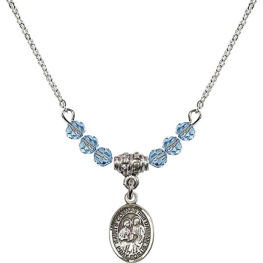 Sterling Silver Saints Cosmas & Damian Birthstone Necklace with Aqua Beads - 9132