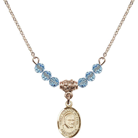 14kt Gold Filled Saint Vincent De Paul Birthstone Necklace with Aqua Beads - 9134