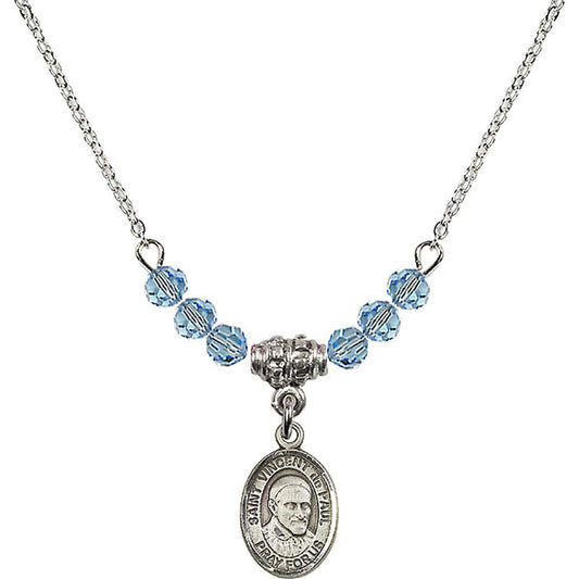 Sterling Silver Saint Vincent De Paul Birthstone Necklace with Aqua Beads - 9134