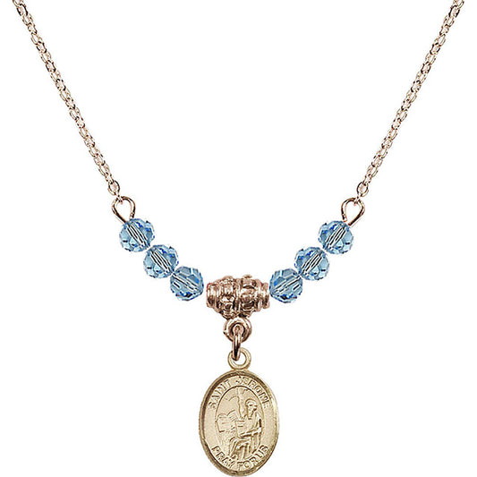 14kt Gold Filled Saint Jerome Birthstone Necklace with Aqua Beads - 9135