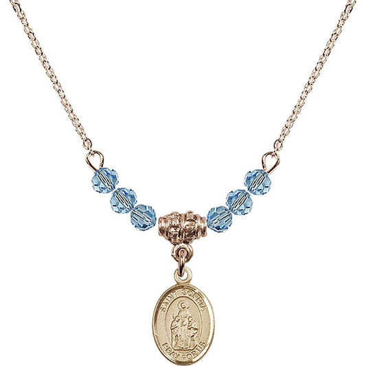 14kt Gold Filled Saint Sophia Birthstone Necklace with Aqua Beads - 9136