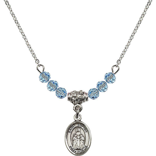 Sterling Silver Saint Sophia Birthstone Necklace with Aqua Beads - 9136