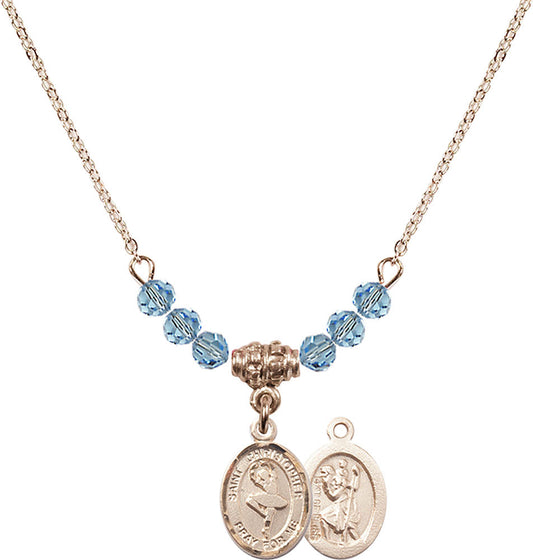 14kt Gold Filled Saint Christopher/Dance Birthstone Necklace with Aqua Beads - 9143