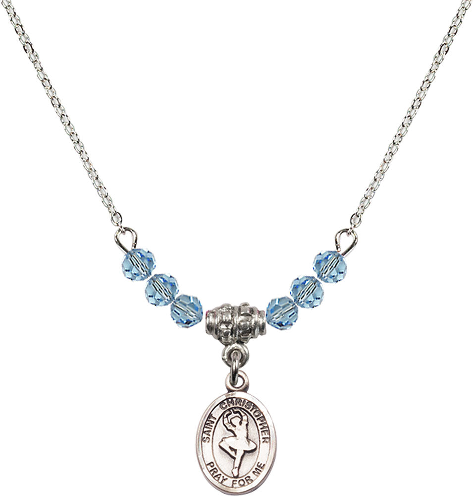 Sterling Silver Saint Christopher/Dance Birthstone Necklace with Aqua Beads - 9143