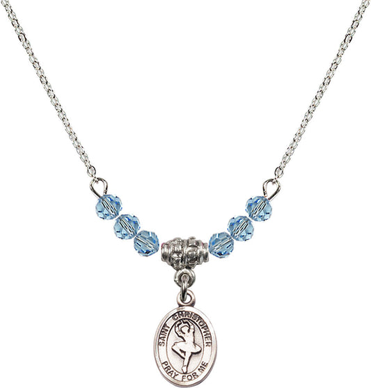 Sterling Silver Saint Christopher/Dance Birthstone Necklace with Aqua Beads - 9143