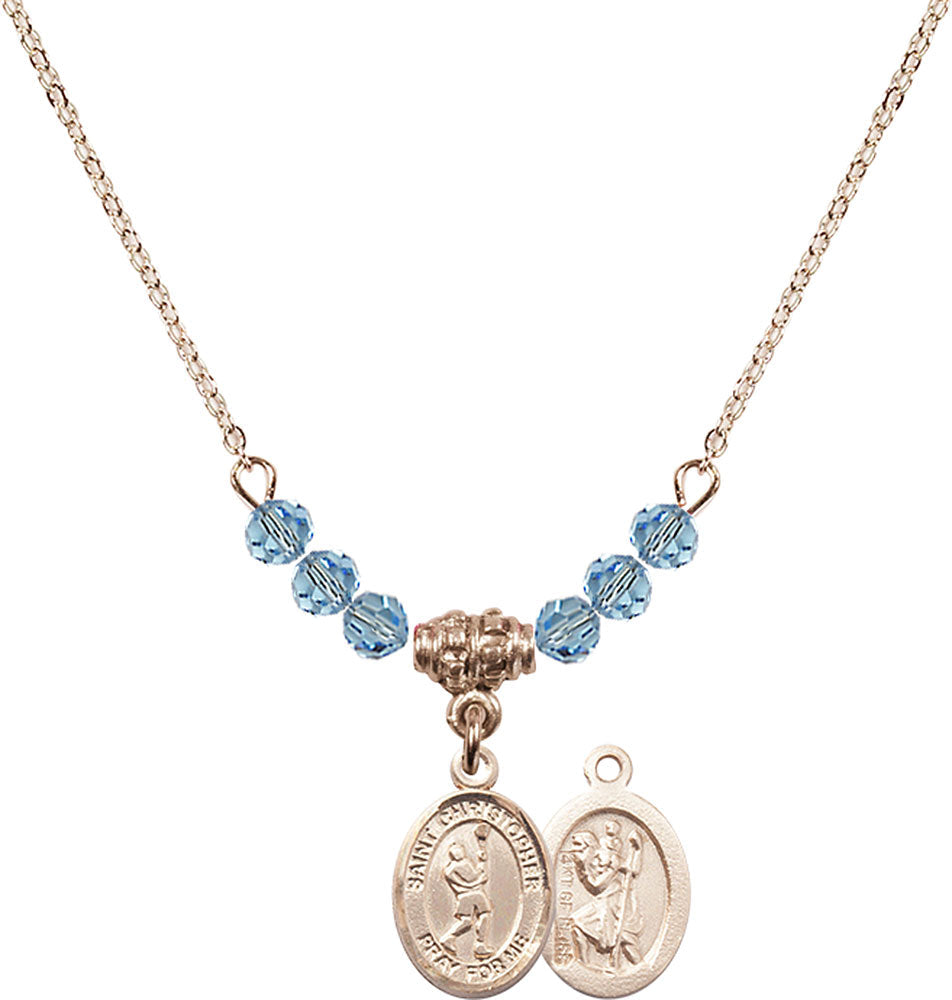 14kt Gold Filled Saint Christopher/Lacrosse Birthstone Necklace with Aqua Beads - 9144