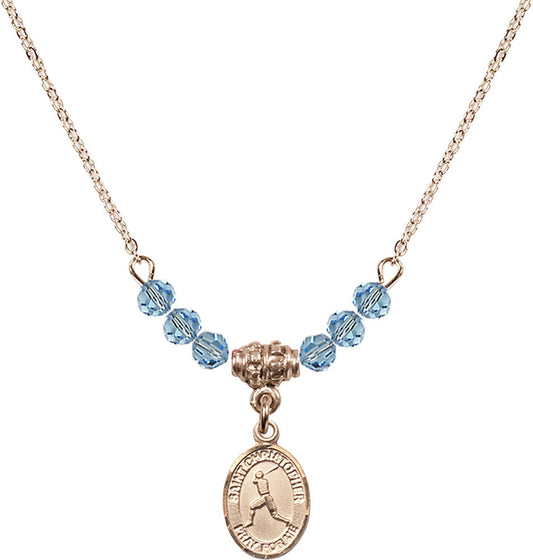 14kt Gold Filled Saint Christopher/Baseball Birthstone Necklace with Aqua Beads - 9150