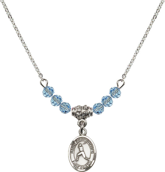 Sterling Silver Saint Christopher/Baseball Birthstone Necklace with Aqua Beads - 9150