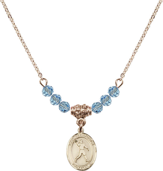 14kt Gold Filled Saint Christopher/Football Birthstone Necklace with Aqua Beads - 9151