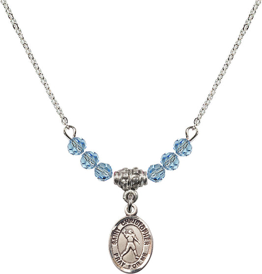 Sterling Silver Saint Christopher/Football Birthstone Necklace with Aqua Beads - 9151