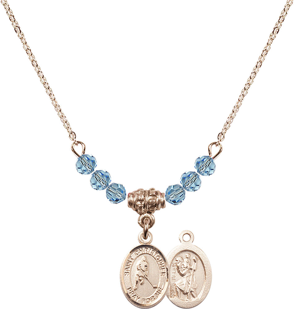 14kt Gold Filled Saint Christopher/Ice Hockey Birthstone Necklace with Aqua Beads - 9155