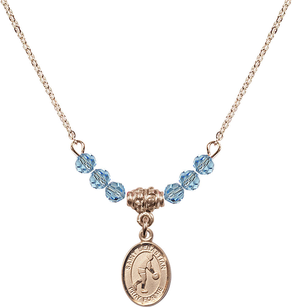 14kt Gold Filled Saint Sebastian/Basketball Birthstone Necklace with Aqua Beads - 9163