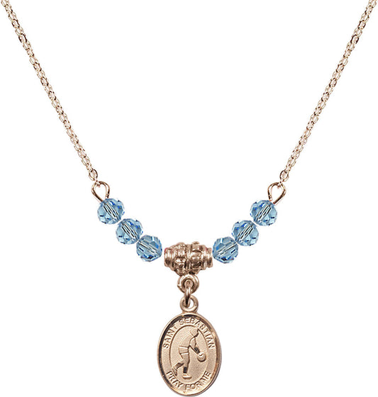 14kt Gold Filled Saint Sebastian/Basketball Birthstone Necklace with Aqua Beads - 9163