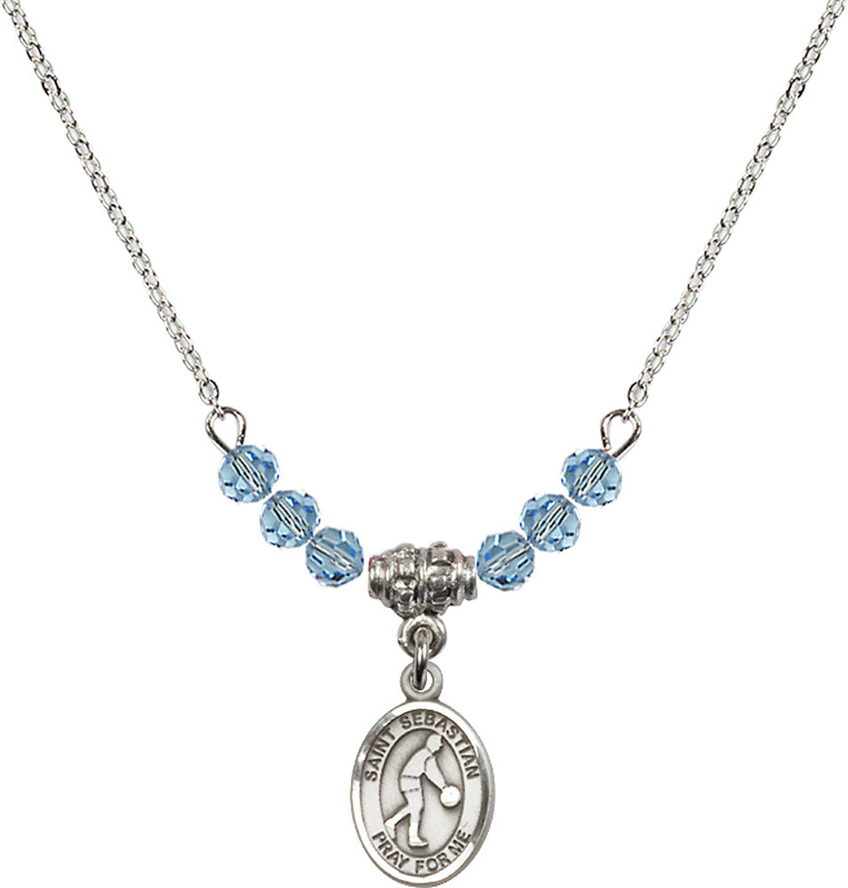 Sterling Silver Saint Sebastian/Basketball Birthstone Necklace with Aqua Beads - 9163