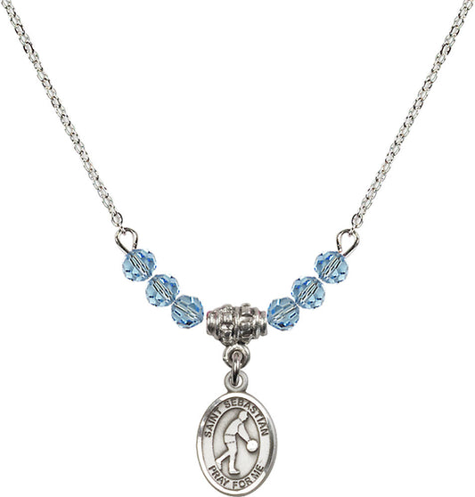 Sterling Silver Saint Sebastian/Basketball Birthstone Necklace with Aqua Beads - 9163