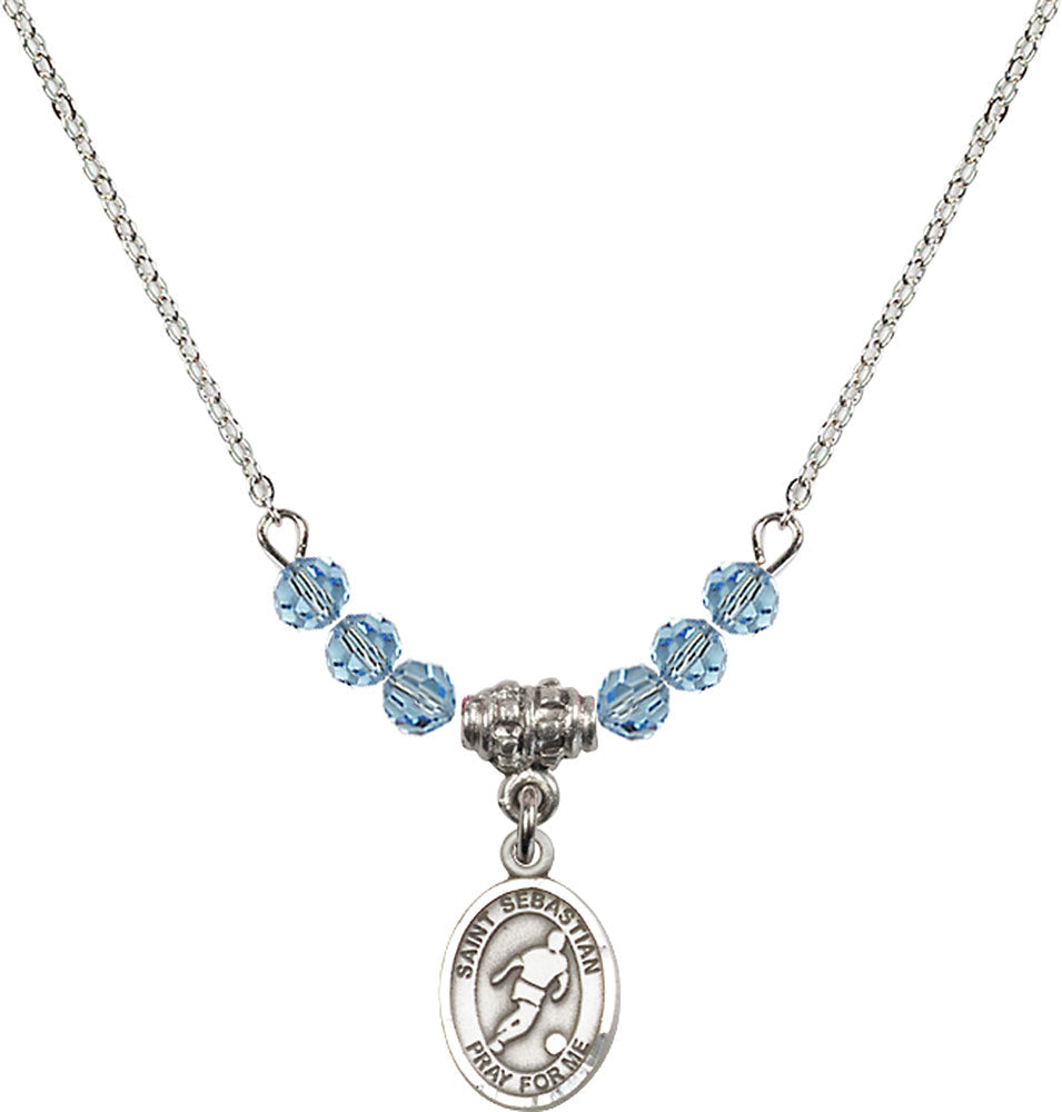 Sterling Silver Saint Sebastian/Soccer Birthstone Necklace with Aqua Beads - 9164