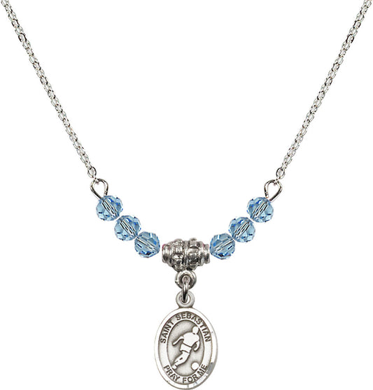 Sterling Silver Saint Sebastian/Soccer Birthstone Necklace with Aqua Beads - 9164