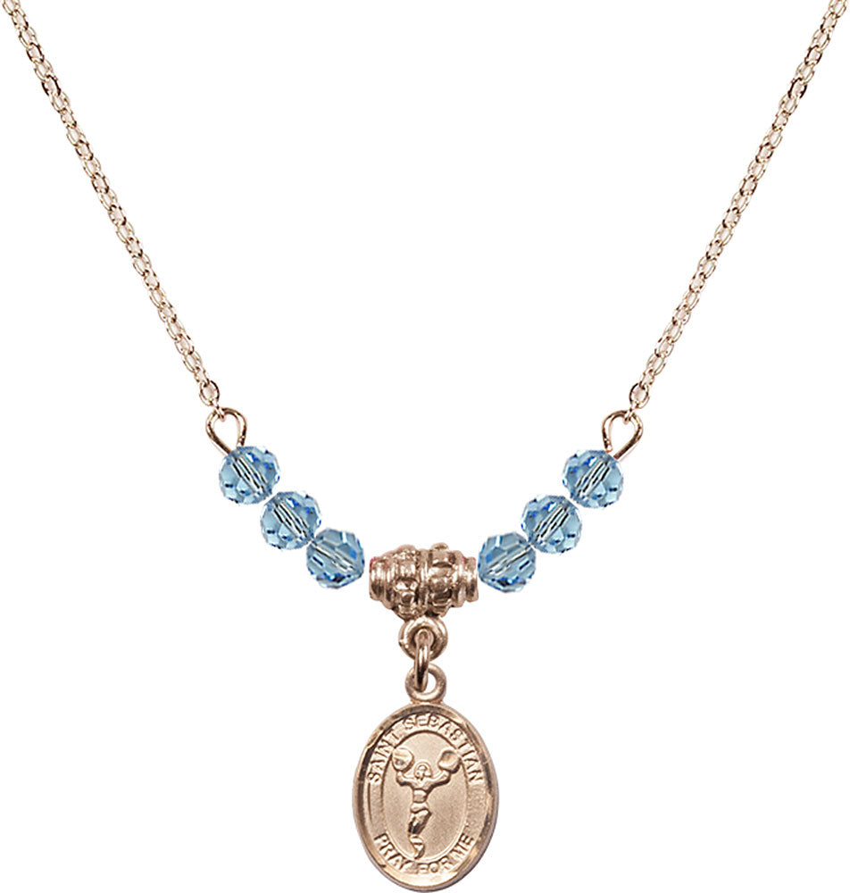 14kt Gold Filled Saint Sebastian/Cheerleading Birthstone Necklace with Aqua Beads - 9170